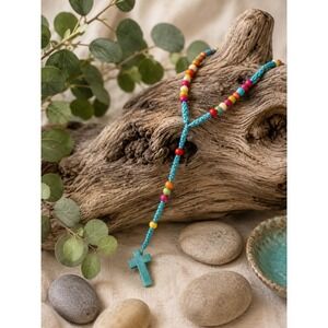 Turquoise Cross Pendant Necklace Colorful Seed Bead Boho Western Southwest Style